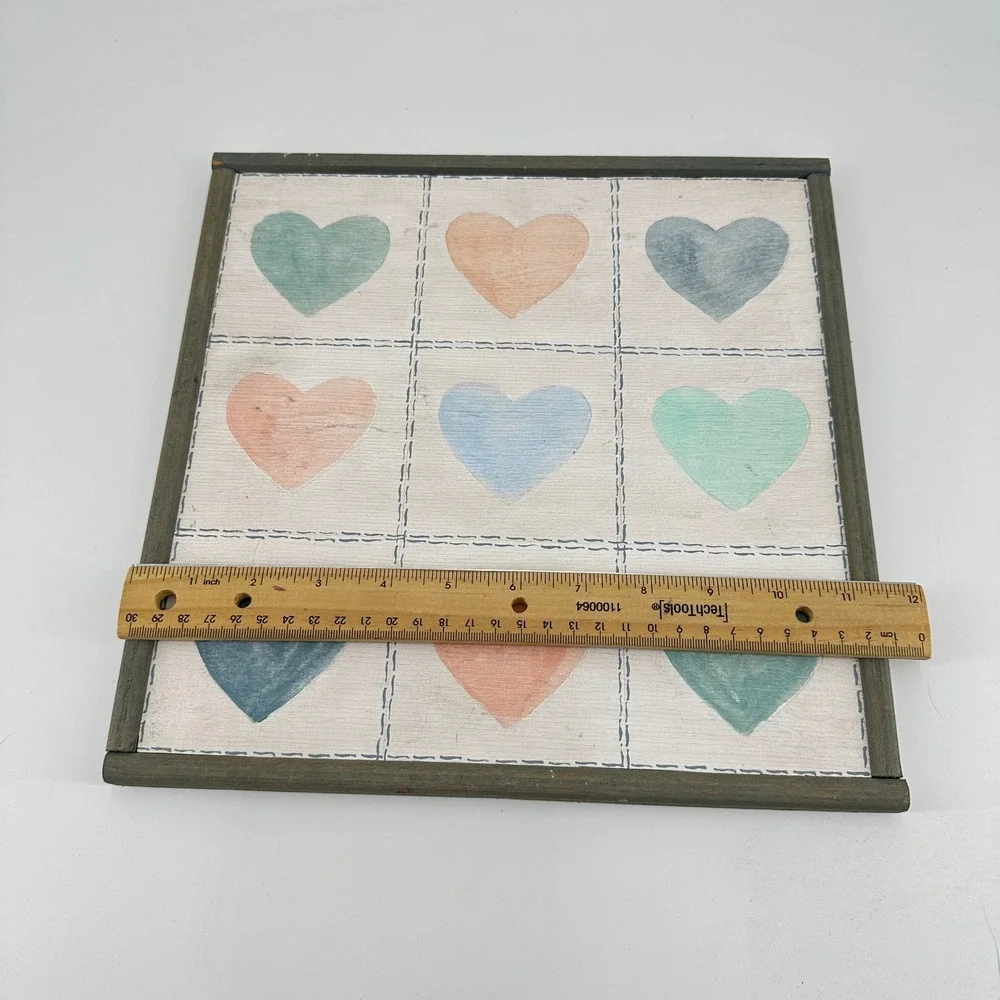 Rustic Wooden Square Wall Art Nine Pastel Hearts Grid Grey Frame 12x12